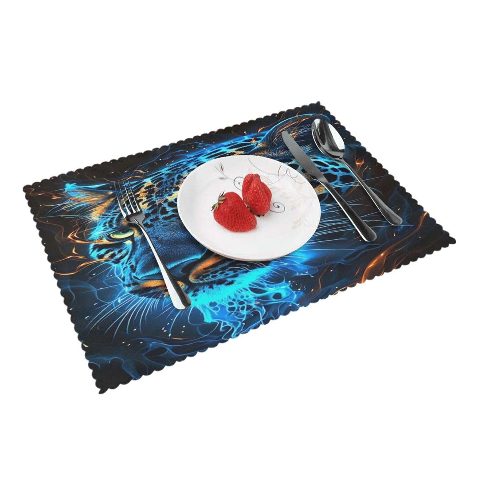 Blue Fire Leopard (2) Placemats Set of 4 Print Table Mats Place Mats Table Decor for Kitchen Dining 12X18 in