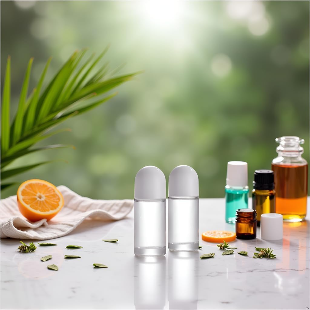 Lot de 2 flacons roulants vides en verre de 50 ml avec bille en plastique, flacons à bille roulante anti-fuite avec bouchon blanc pour huiles essentielles rechargeables