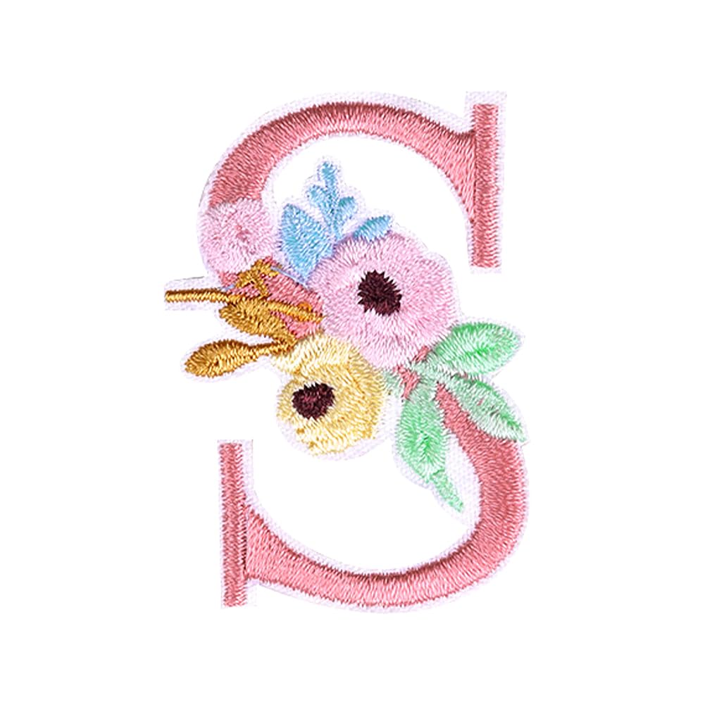 Locomo Individual Floral Letter Iron On Patch Alphabet Sew On Patch Embroidered Flower Elegant Capital A-Z Name Badge for DIY Jacket Coat Backpack Decoration