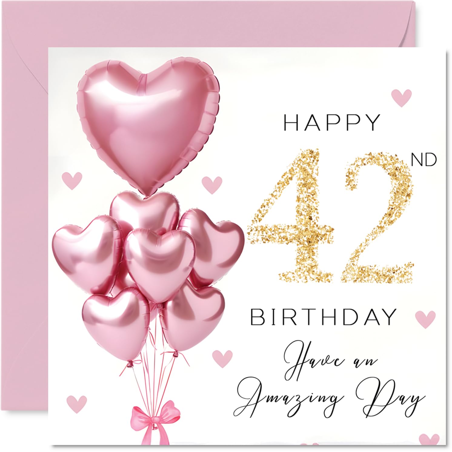 42nd Birthday Cards for Women - Pink Glitter Balloons - Happy Birthday Card for 42 Year Old Woman Neighbour Cousin Niece Wife, 145mm Bday Greeting Cards
