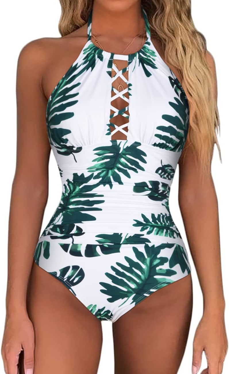Firpearl Women's One Piece Swimsuits High Neck Cutout Ruched Tummy Control Swimwear