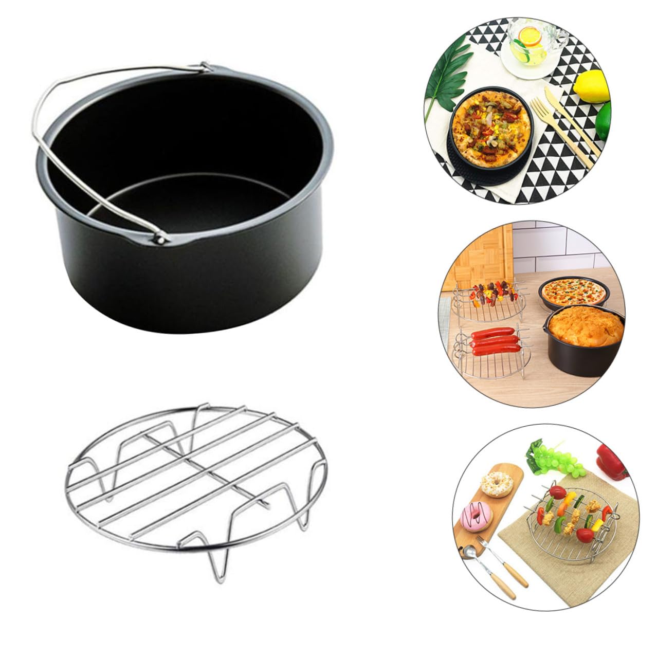 5 Stück Küchenzubehör für Heißluftfritteusen aus Edelstahl Backutensilien mit Backkorb und Grillplatte Umweltfreundlich und Wiederverwendbar für Pizza und Mehr