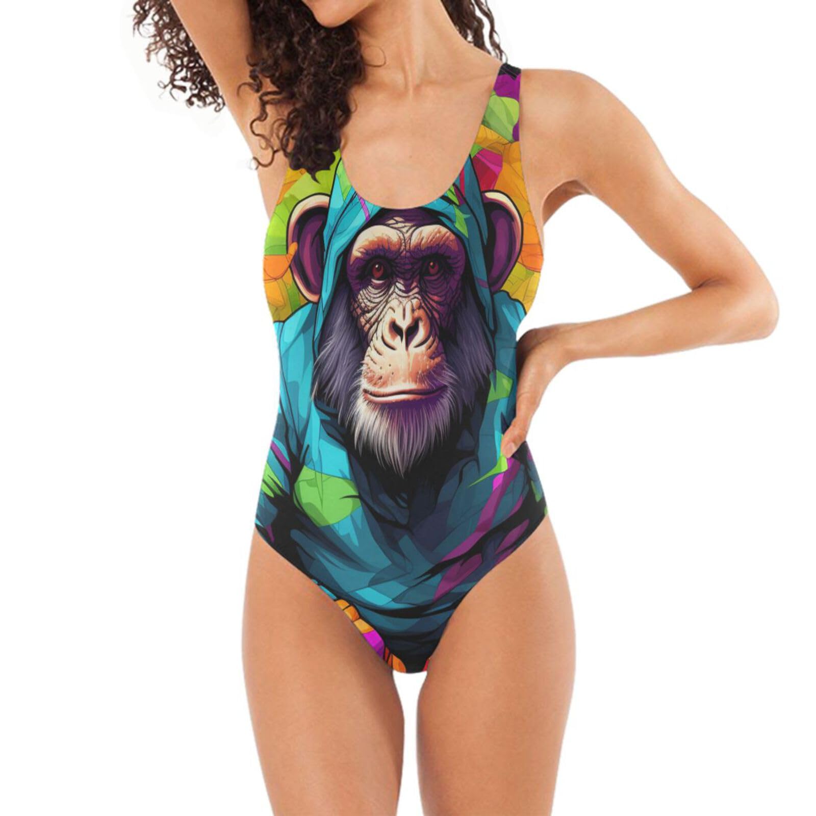 Kaaviyo Women's Pattern Colorful Chimpanzee Monkey Swimwear Monokini Beachwear One Piece Swimsuit Bathing Suits For Teen Girl