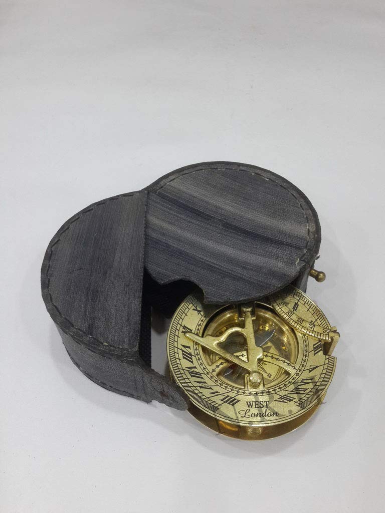 Bussola nautica in ottone con meridiana, completamente funzionale, con custodia in pelle nera