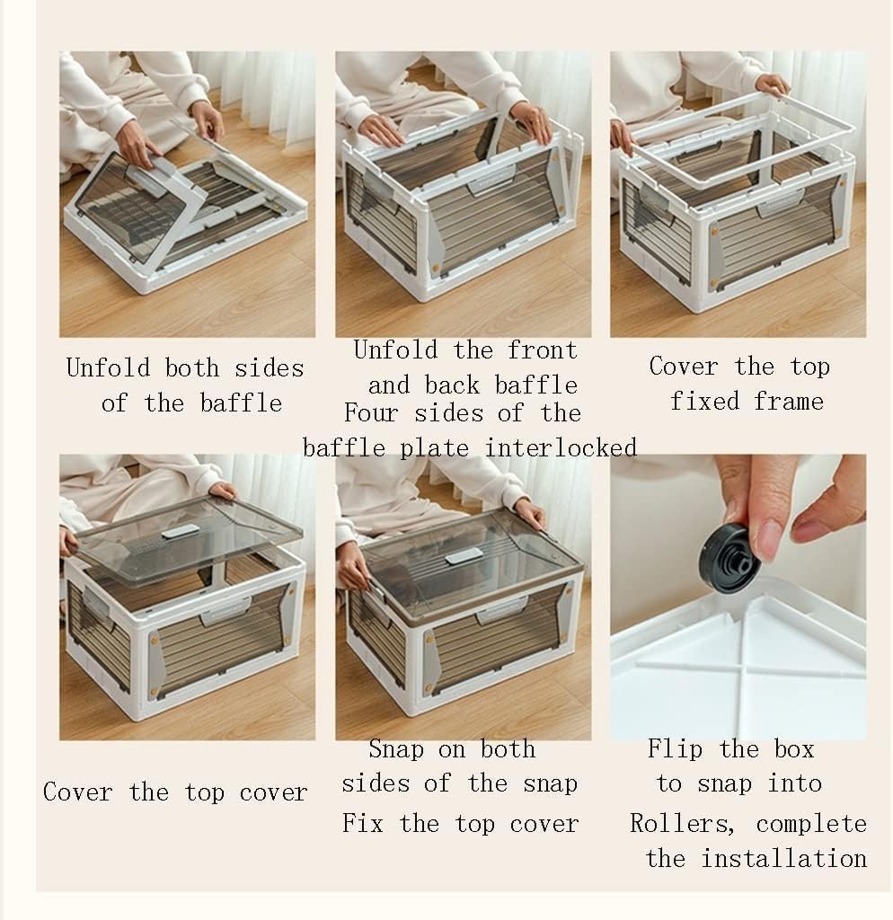 Stackable Folding Storage Bin with 4 Doors & Wheels, Dual-Side Handle Design for Clothes & Bedding