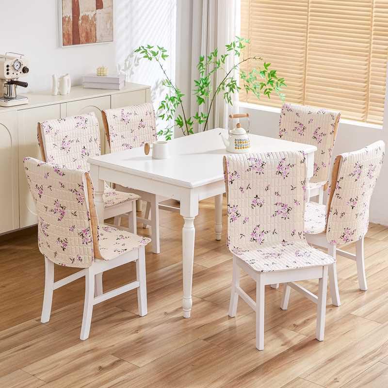 Image of HOMETHREADS Floral Quilted Cotton Chair Cover - Soft, Comfortable Dining Chair Seat Protector with Non-Slip Backing & Strong Elastic Strap for Snug Fit (Beige Purple, Pack of 8)