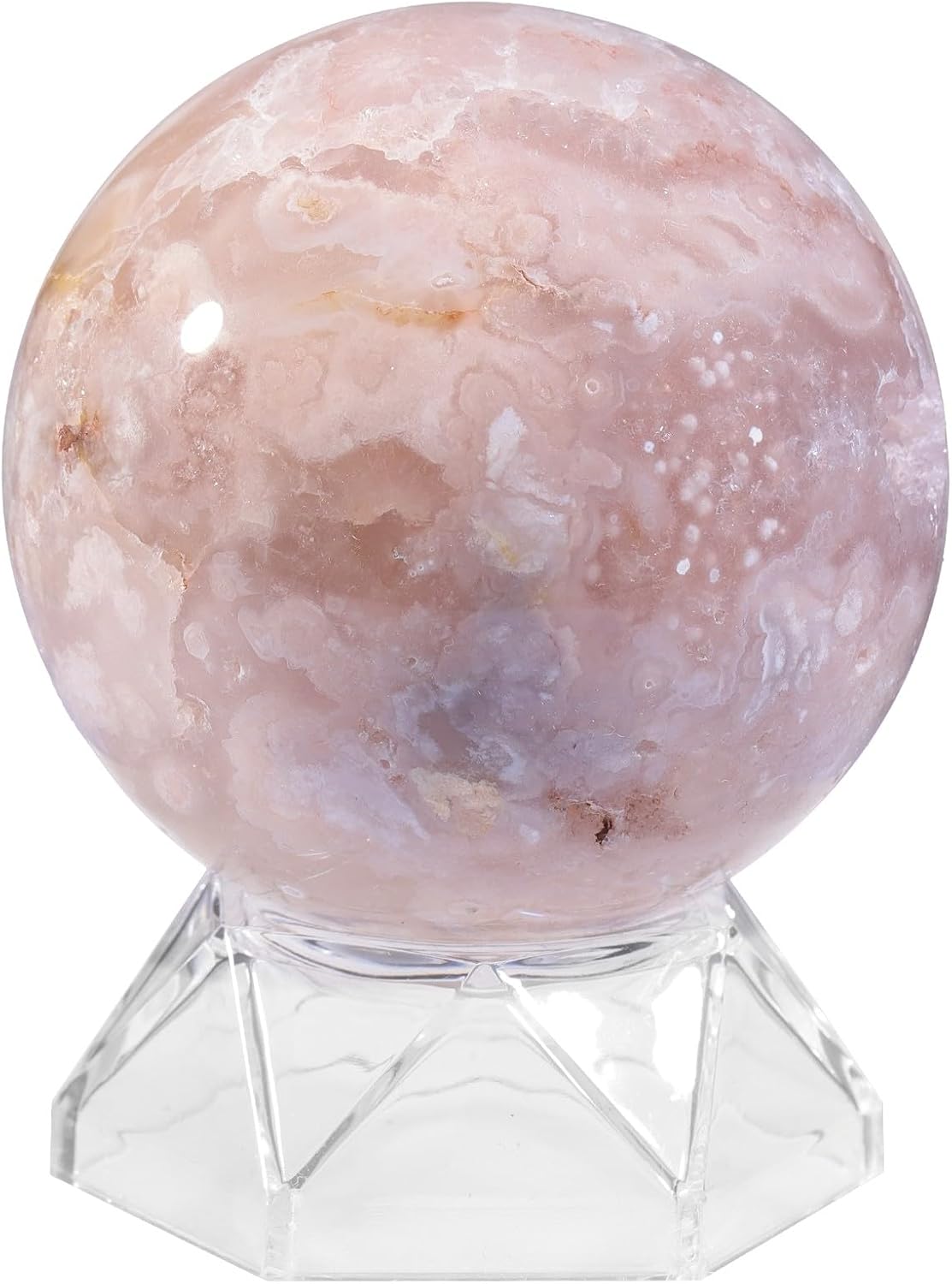 Nupuyai Cherry Blossom Agate Stone Sphere Ball with Glass Stand Polished Crystal Ball Orb Sculpture Figurine for Divination Feng Shui Meditation Home Office Decor, 61-70mm