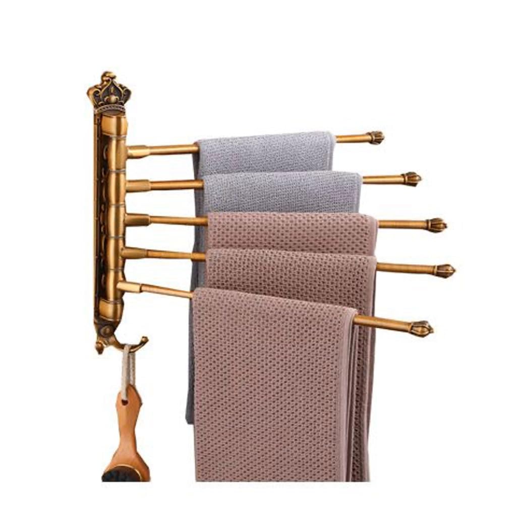 LMYSXAOZ Antique Gold Swivel Towel Rack Bar Rails With Hook for Bathroom, Wall Mounted Brushed Bronze Folding Arm Swing Out Hand Hanger Holder Space Saving Laundry 5Bar