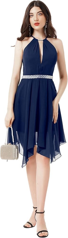 Sywiyi Women Sexy Hollow Out Evening Dress Halter Neck V-Back Ball Gown  Chiffon Midi Dresses Navy Blue 4 at Amazon Women's Clothing store