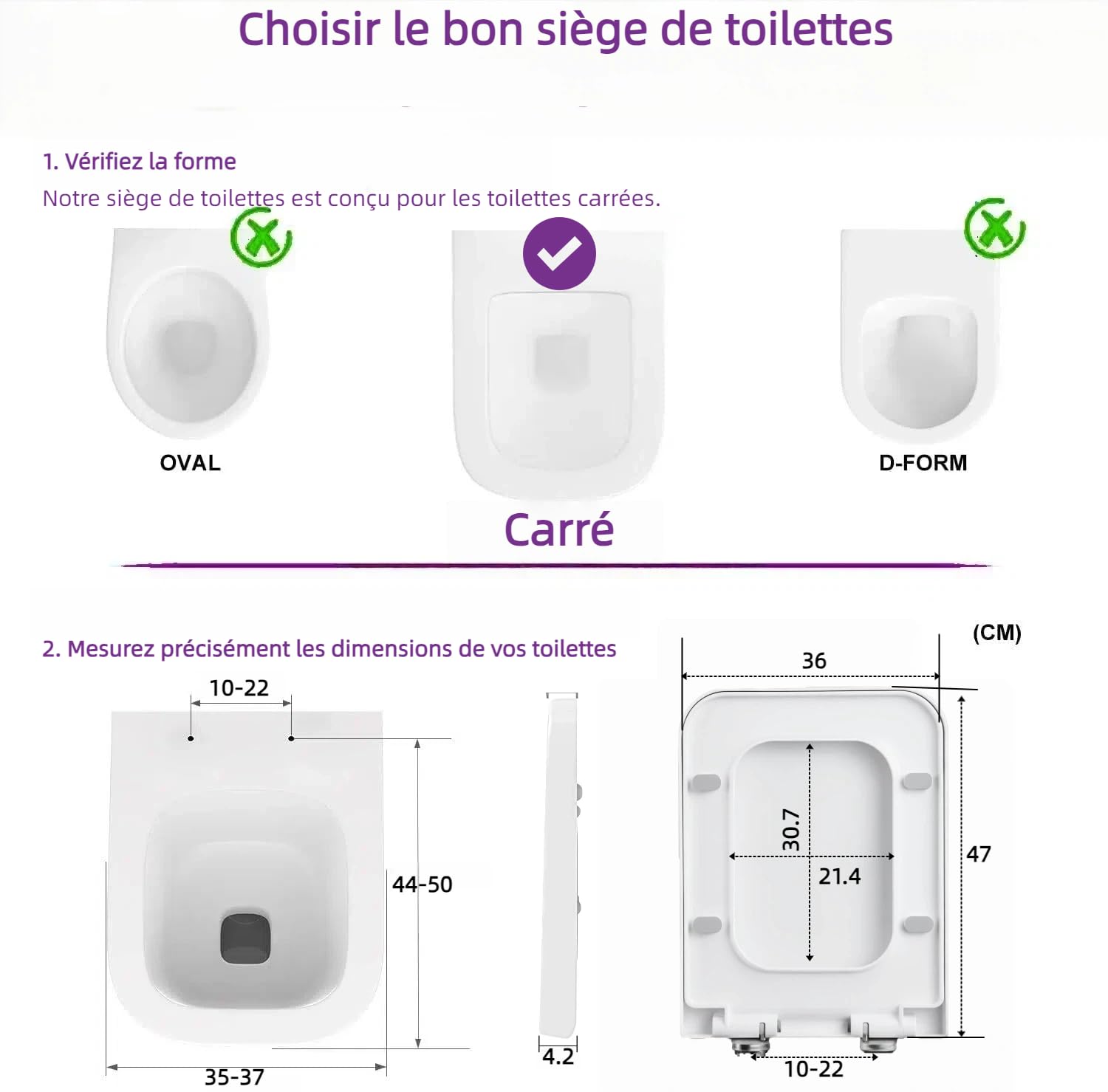 Abattant WC Forme Carrée, Cuvette Toilette avec Frein de Chute, Lunette WC Blanche, Siège de Toilette Universel, Testée jusqu'à 150kg