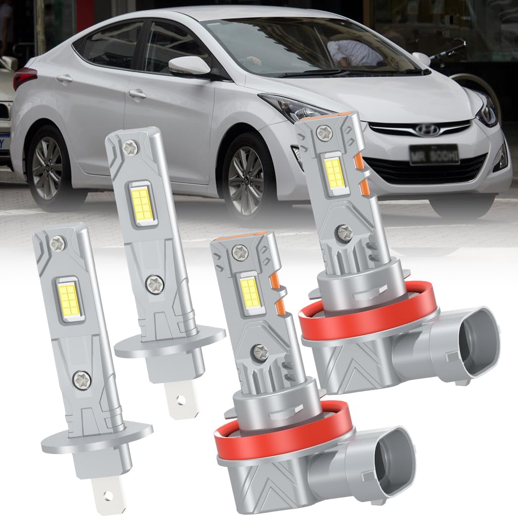 Fit For Hyundai Elantra 2007-2013, H1 H11 High/Low Beam Light Bulbs, 600% Brightness 6500K White 1:1 Size Fanless with Copper Heat Sink Panel, Plug and Play, IP68 Pack of 4