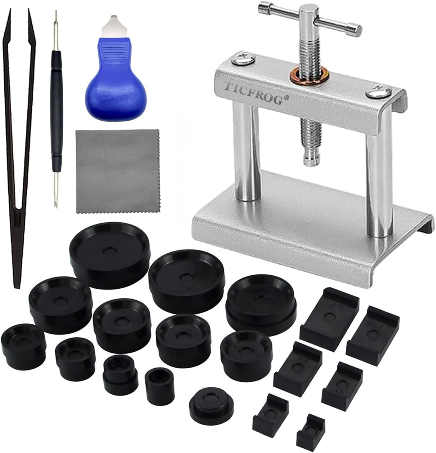 Watch Press Tool Set, Back Case Closer for Closing the Cover, Watch Battery Replacement, Watch Opener Remover, Repair Kit for Wristwatches with 18PCS Molds and A Pry Opening, Compatible with Round and Square Rectangular Dials and Backs