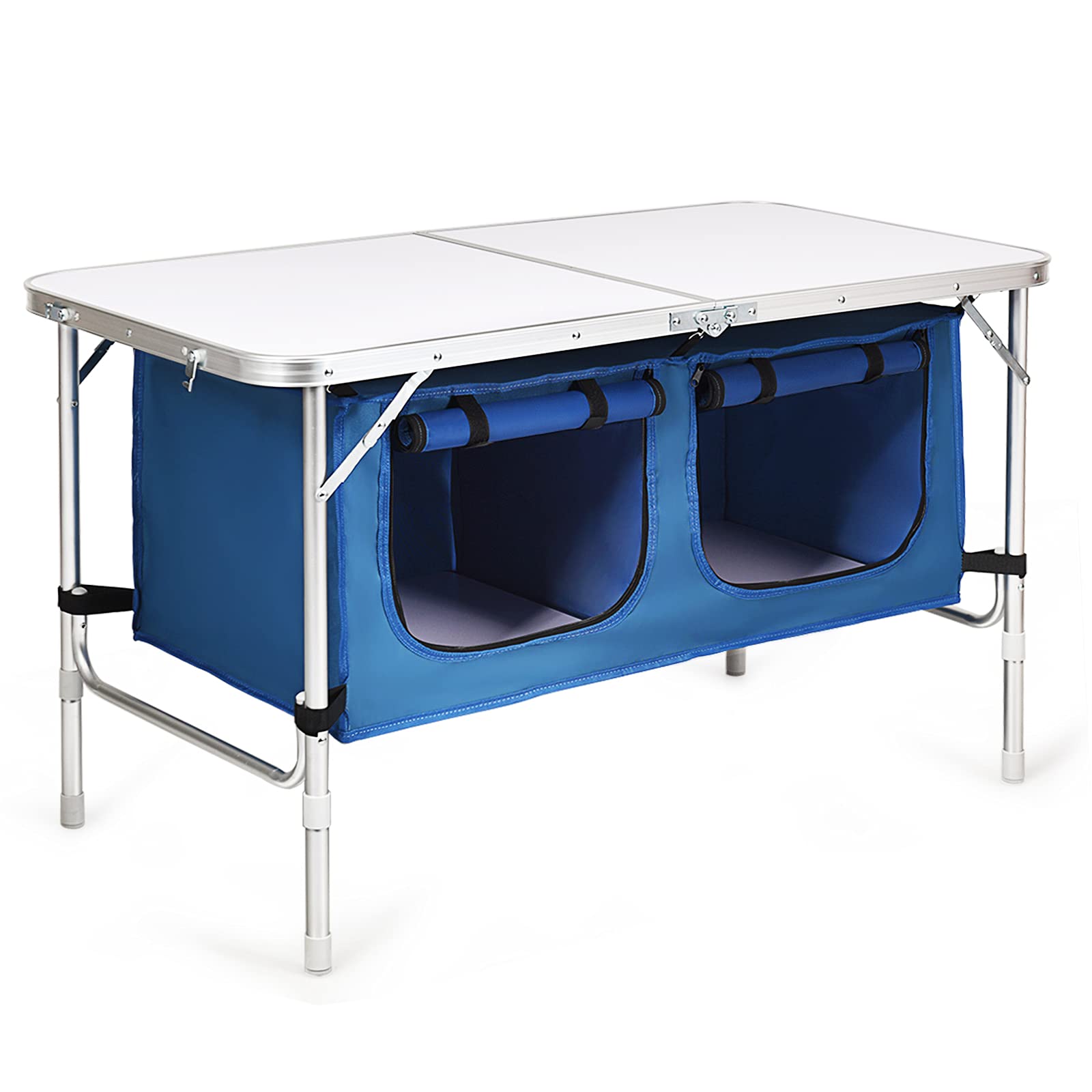 GYMAX faltbar Campingschrank, Campingküche mit großem Stauraum, 2 einstellbare Höhen, Outdoor Alu Picknicktisch Klapptisch Gartentisch für Strand, Garten, Grillparty
