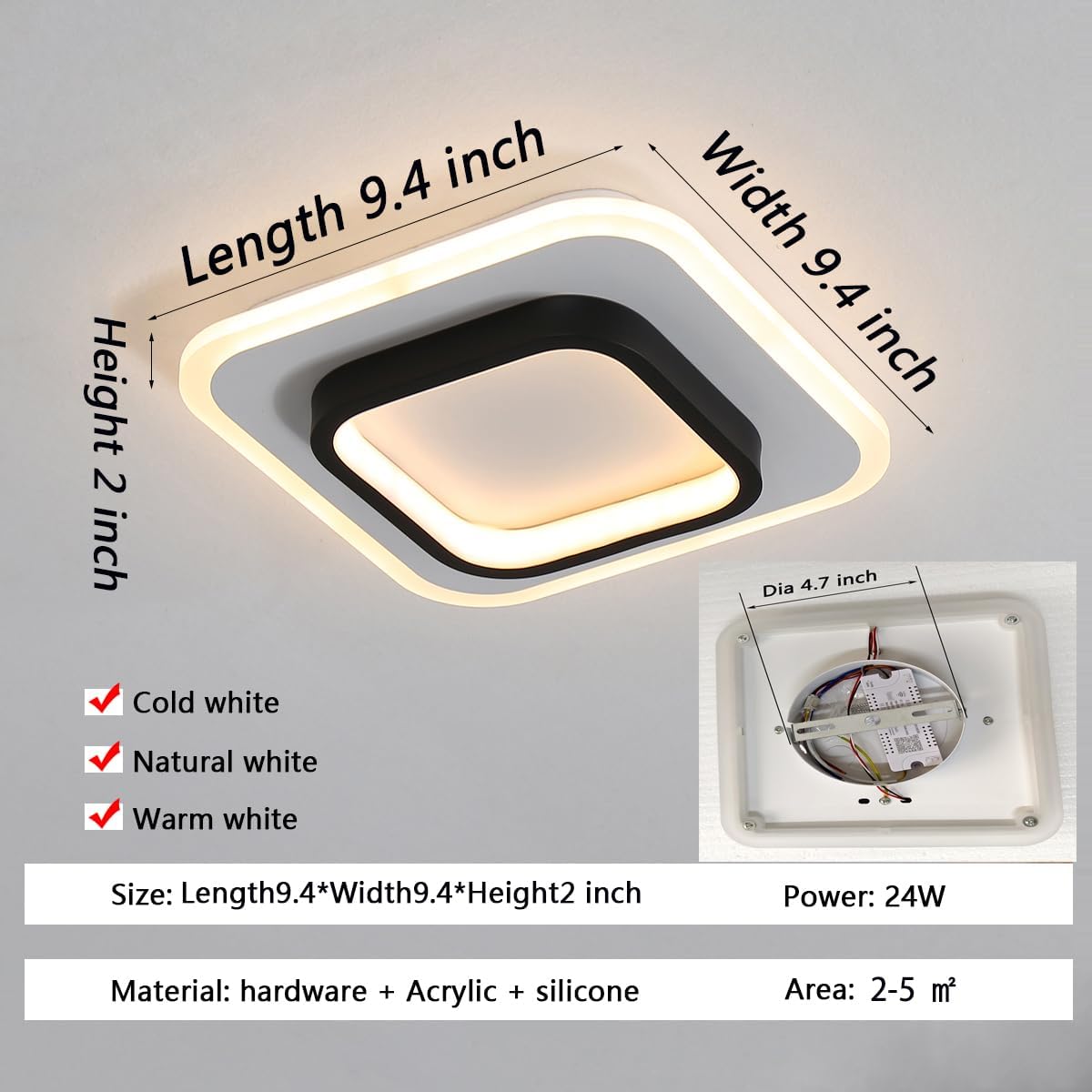 Square Designs Ceiling Light Fixture,3 Color Dimming Black Aisle Light，Suitable ffor Hallway Bedroom Bathroom Kitchen Balcony Stair Aisle Ceiling Lamp (Black, Dia9.4*H2 inch), BLS-101
