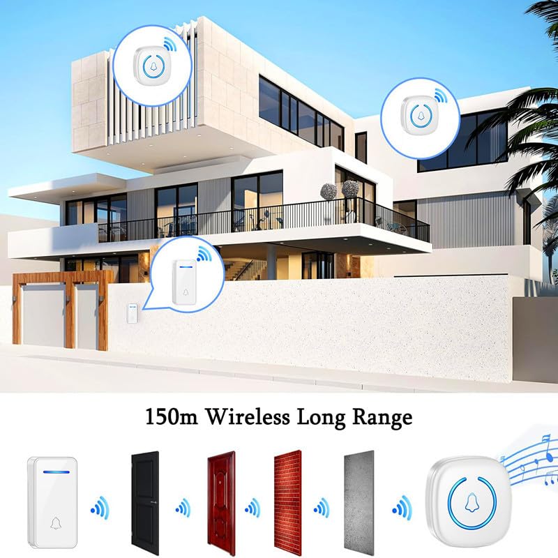 Timbre Inalámbrico Exterior Impermeable con Enchufe,Timbre Casa Autoalimentado Una Variedad de Set,IP65 Timbre para Puerta sin Pilas con Luces LED,60 Melodías Rango,Negro,2 Receiver + 4 Bell
