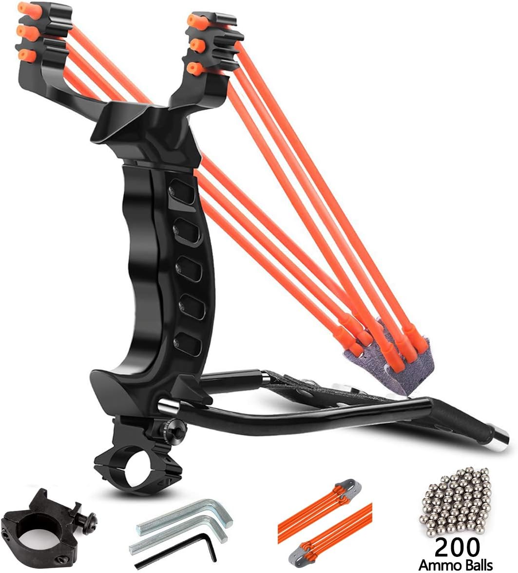 MoreFarther Professional Slingshot Wrist Sling Rocket Outdoor Hunting Sling Shot High Velocity Catapult with 2 Rubber Bands and 200 Steel Ammos
