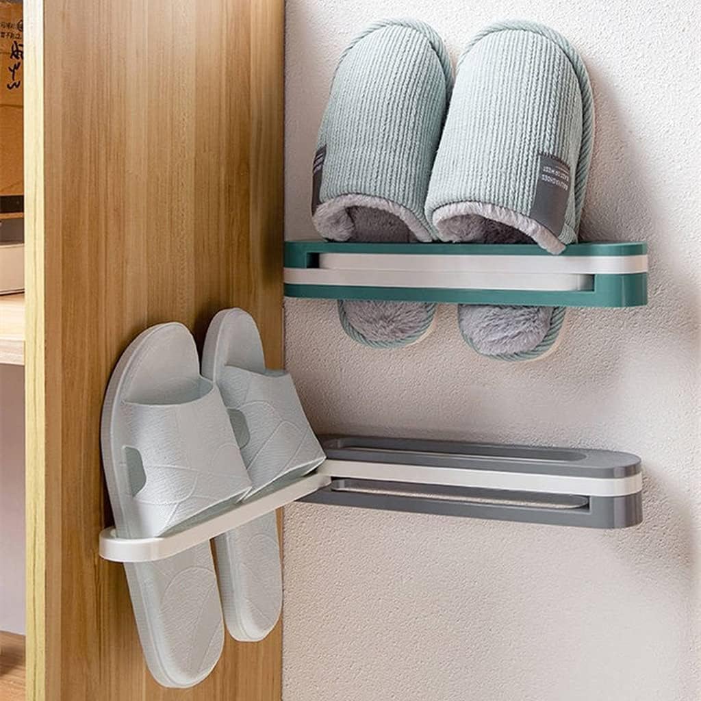 BESTOTTAM Wall Mounted Folding Slippers Rack, Plastic Shoe Holder Organizer, Space Saving Bathroom Storage Shelf, Blue and White 1
