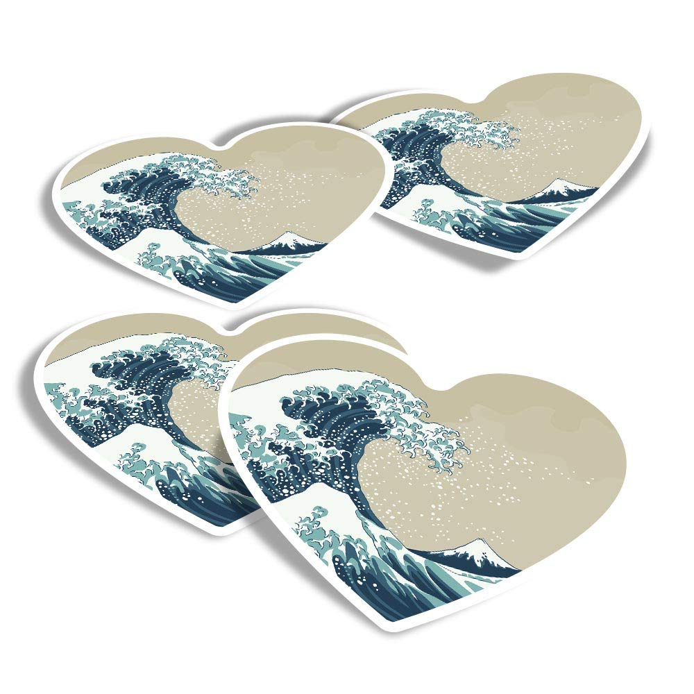 Vinyl Heart Stickers (Set of 4) - Vintage Great Wave Japan Art Fun Decals for Laptops,Tablets,Luggage,Scrap Booking,Fridges #2115