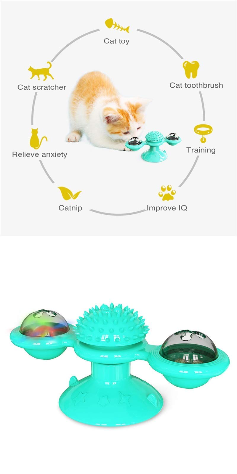 MU Gato Molino de Viento Juguete Divertido Masaje Gato Gato Rotatable Juguetes con Catnip Led Dientes de Bola Limpieza Productos para Mascotas para Dropshipping,Azul,sin Caja