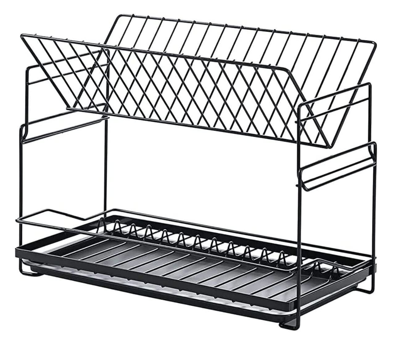 GOOPEEG Dish Drainer,Dish Rack 2 Layers Iron Dish Rack Storage Kitchen Organizer Drying Tableware Drainer Holder Plate Easy Dish Organization(Black)