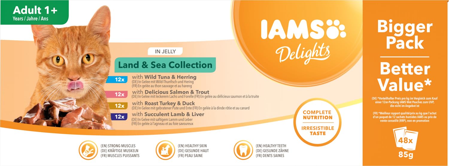 Iams Delights Land & Sea Collection Alimento Umido In Gelatina, Per Gatti Adulti Con Una Varietà Di Gusti Di Carne E Pesce - 48 X 85G-image
