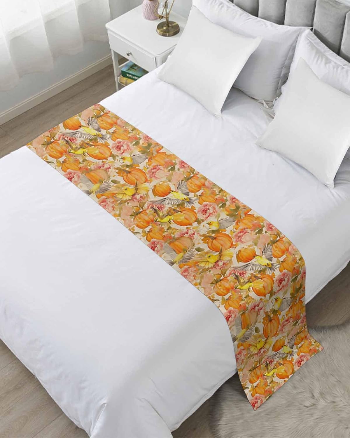 Thanksgiving Pumpkin Bed Runner Scarf Full Queen Size, Fall Vintage Flower Rustic Birds Luxury Bed Throw Runners & Scarves for Twin Full Queen King Foot of Bed, Bedroom Hotel Decoration, 83"x20"