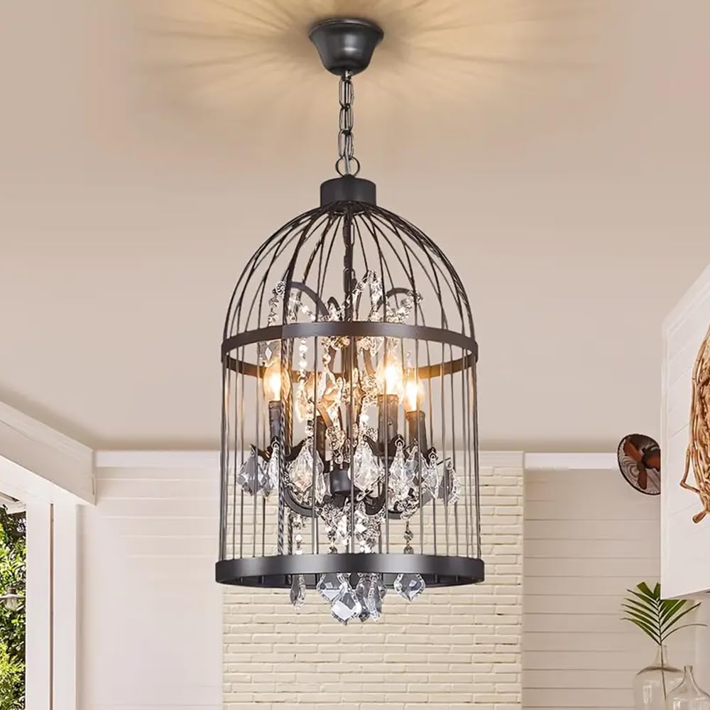 Kikioo Industrial Vintage 4 Lights Metal Birdcage Crystal Ceiling Chandelier, Black Luxurious Hanging Pendant Ceiling Lamp For Kitchen Island Dining Room Living Room Bar