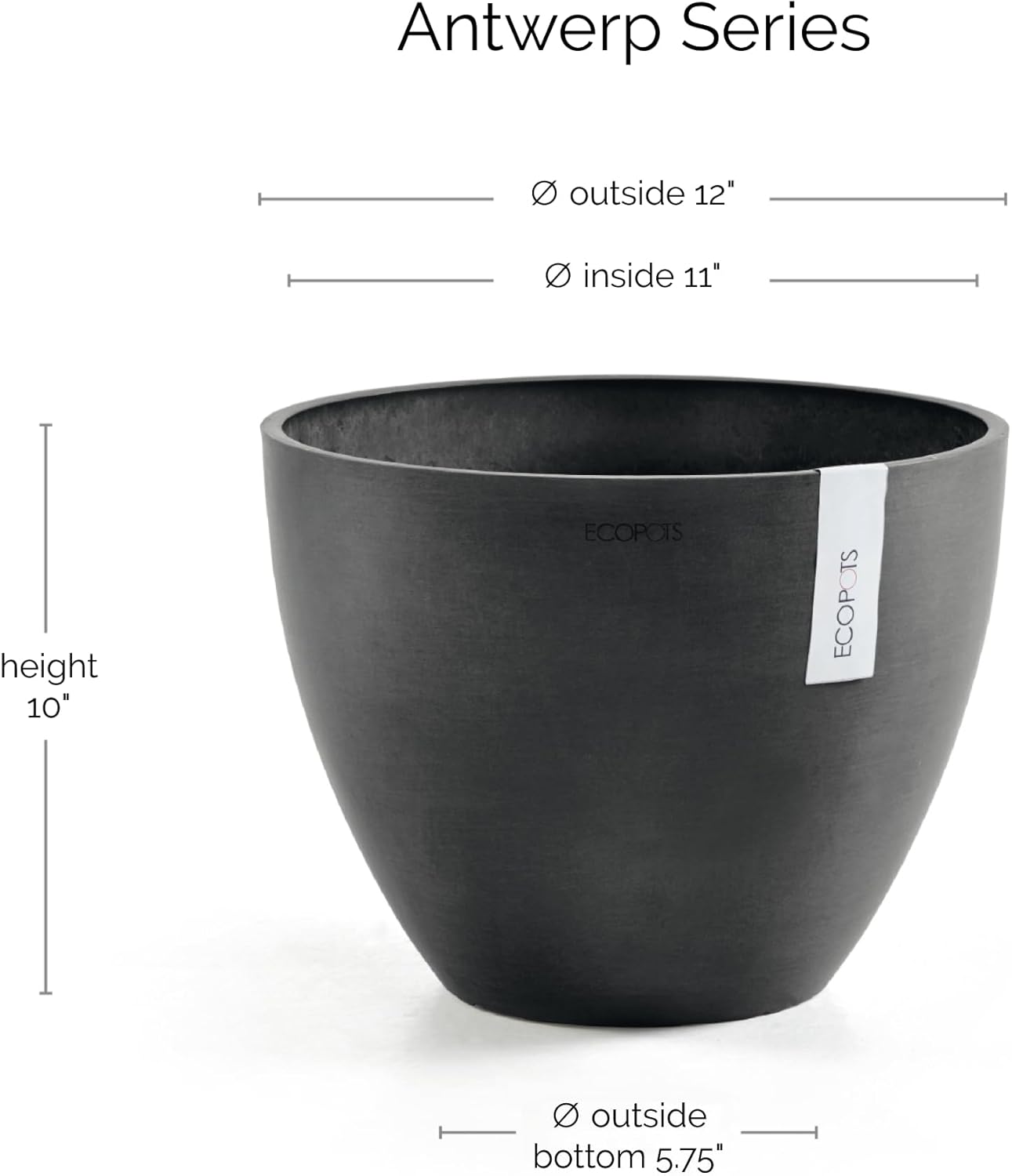 Ecopots Antwerp Durable Modern Round Indoor/Outdoor Recycled-Based Composite Flower Pot Planter, Dark Grey, 12"