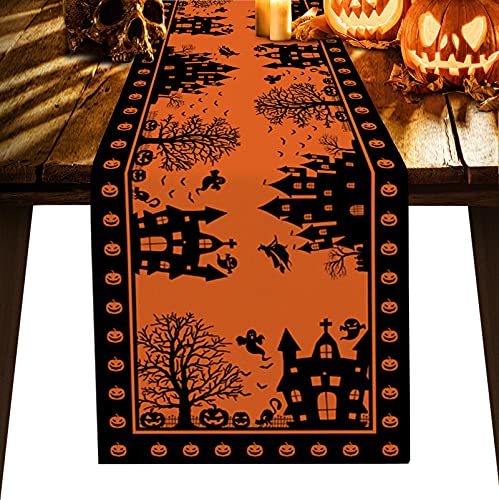 Halloween House Table Runner 90 Inches Long, Haunted House Orange Black Pumpkins Table Runner Dresser Scarves for Halloween Dinner Parties and Scary Movie Nights Washable Polyester Table Runners