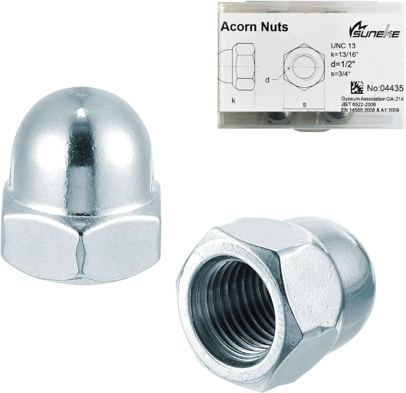 Suneke #8-32 UNC Acorn Nuts, Zinc Plated Steel Hex Cap Dome Head Nuts, Silver Bright Finish,50PCS for Indoor & Outdoor Hardware Use