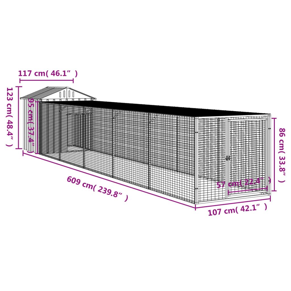 vidaXL Gallinero con Corral, Jaula de Gallinas Pollos con Tejado, Caseta Recinto de Animales, Gallinero de Exterior, Acero Galvanizado Gris Claro