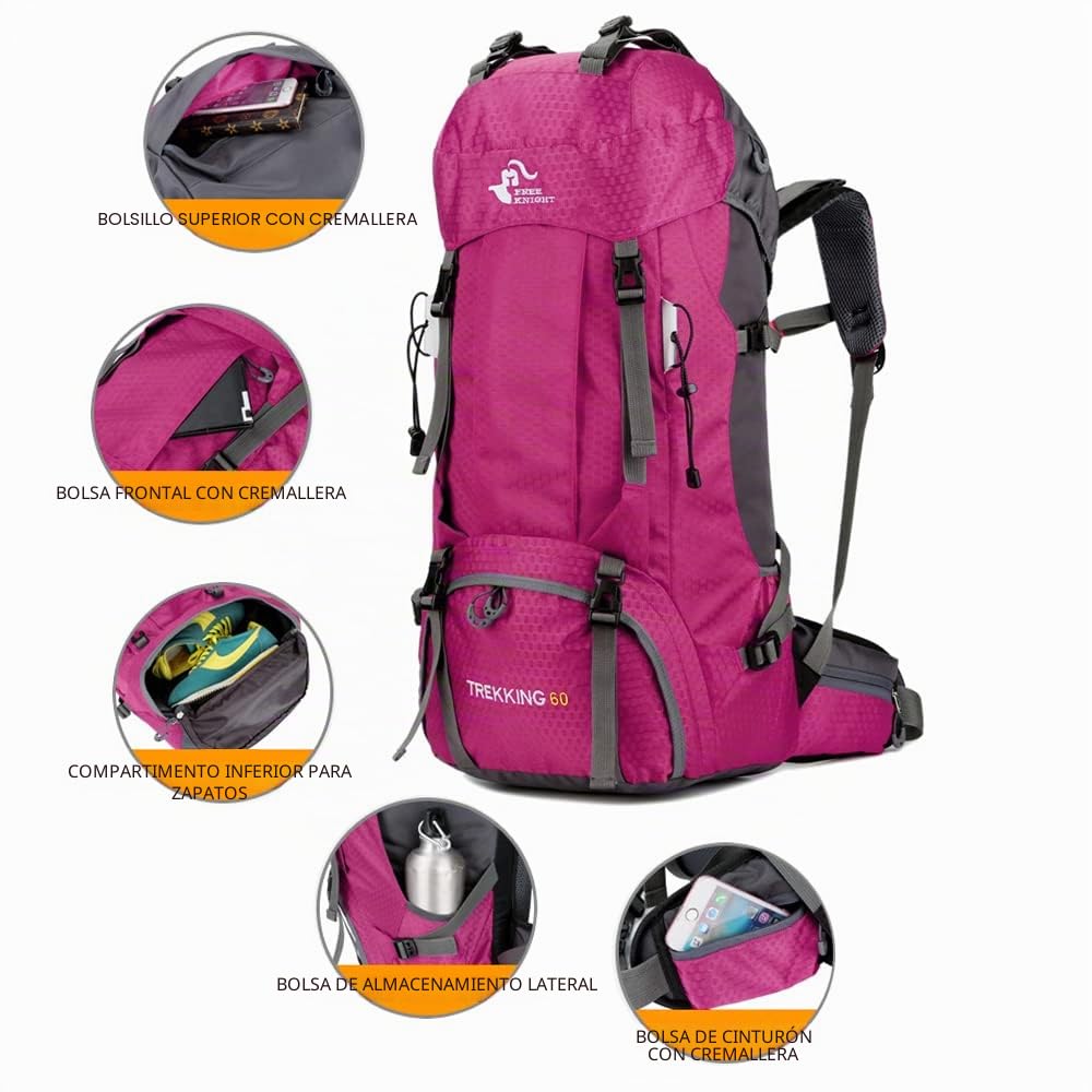 Bseash Mochila de senderismo ligera impermeable de 60L con cubierta de lluvia, mochila deportiva al aire libre para escalada acampar y turismo