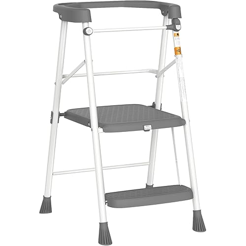 HBTower Kids 2 Steps Step Stool, Toddler Tower for Kitchen Counter Learning, Toddler Kitchen Stool Helper with Anti-Drop Safty Railing Kids Standing Folding Stepper(Gray)
