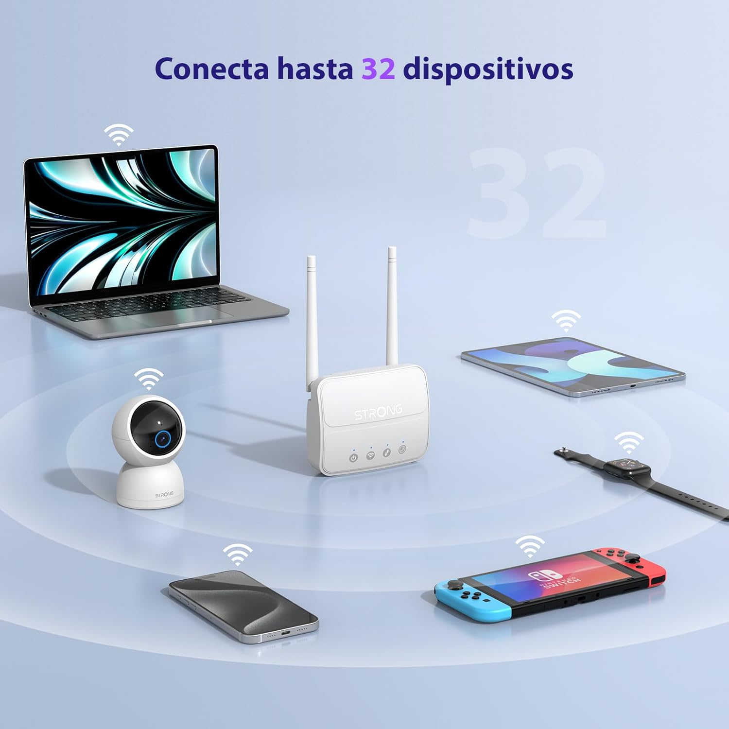 Illustration of multiple devices connected to the Strong 4G LTE N300 WiFi Router