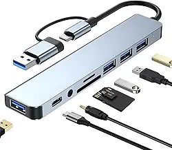 Hub USB-C 8 em 1, Adaptador Multifuncional com 3 Portas USB, Leitor de Cartão SD/TF, Entrada de Áudio 3.5mm, Compatível com MacBook, Windows, Linux, Design em Alumínio
