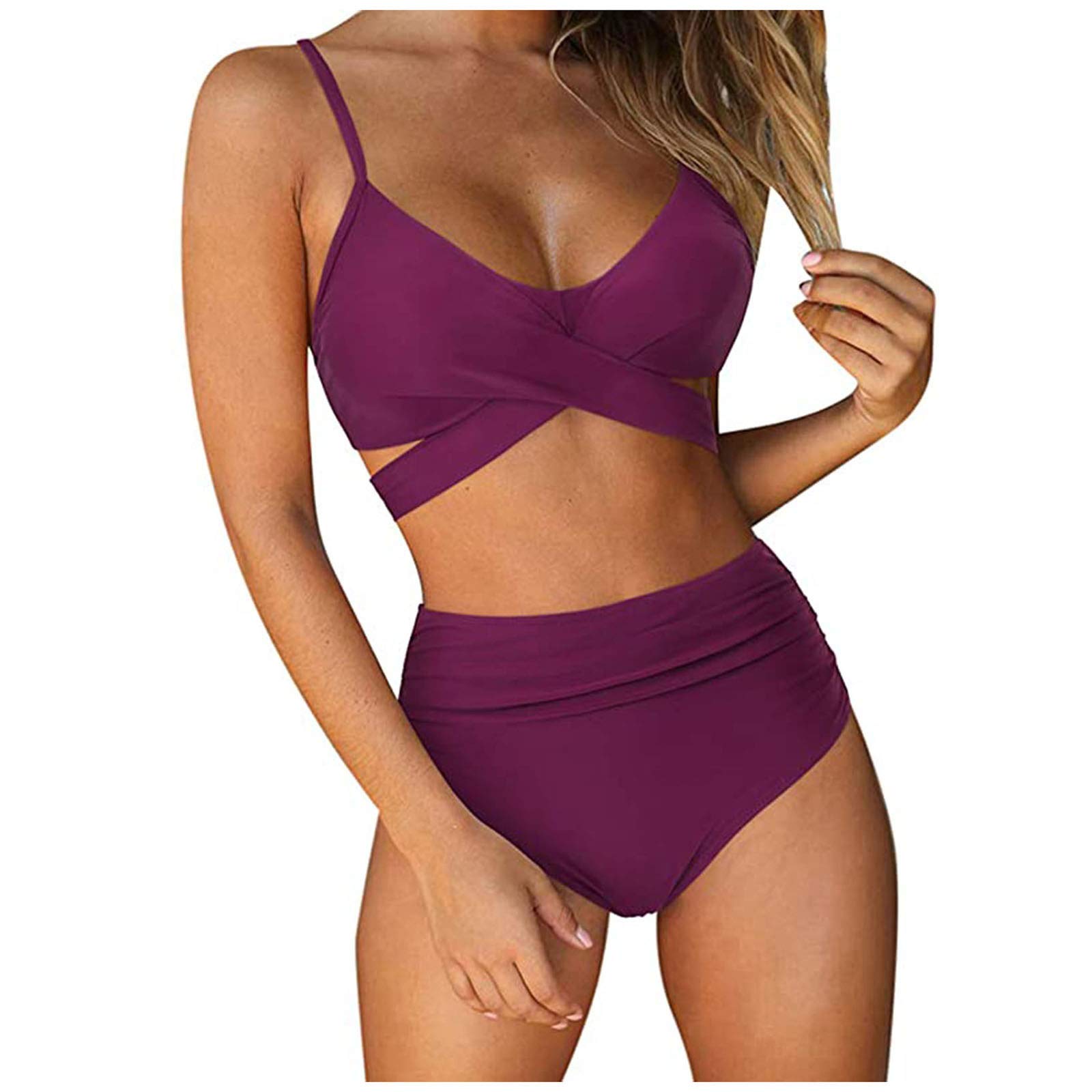 Firzero Tankini Swimsuits for Women Tummy Control High Waisted Bikini Set 2 Piece Bathing Suit V Neck Ruched