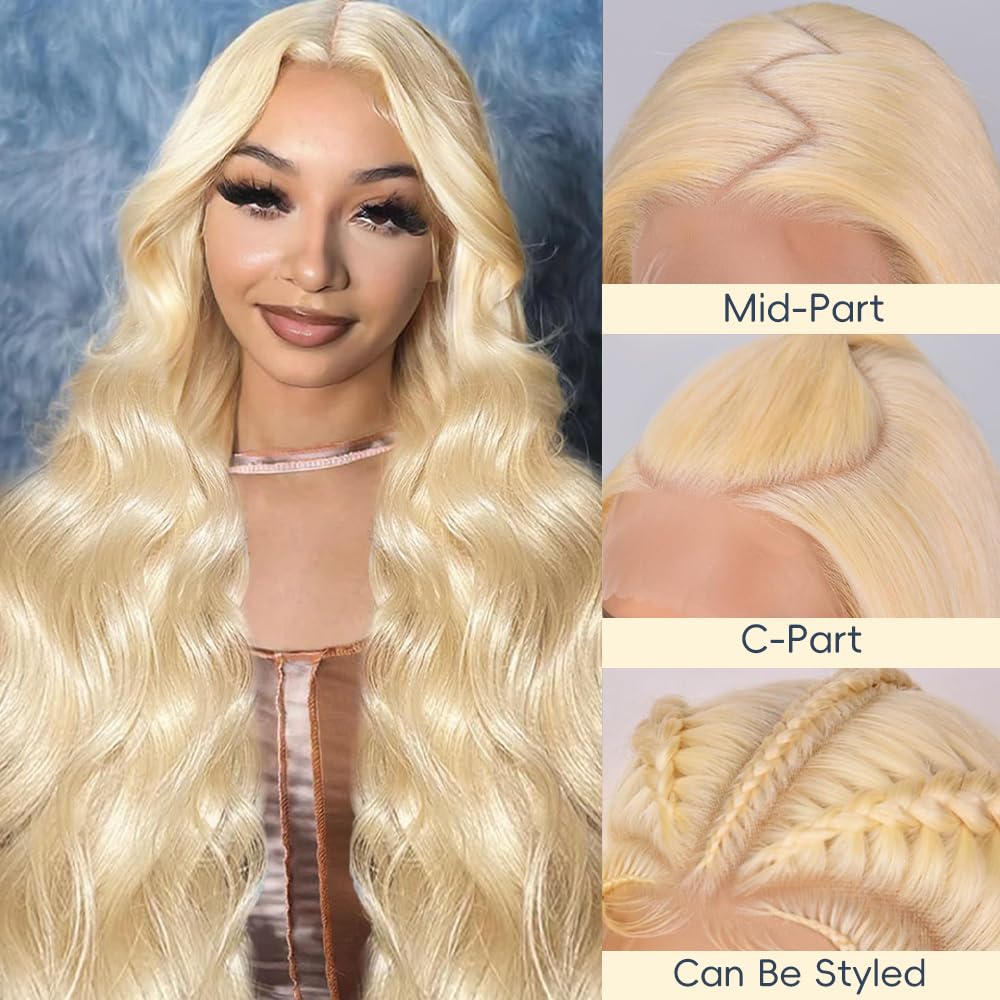34 Inch Lace Front Wig - Blonde Human Hair, 200% Density, Body Wave, Pre-Plucked HD Lace Frontal Wig