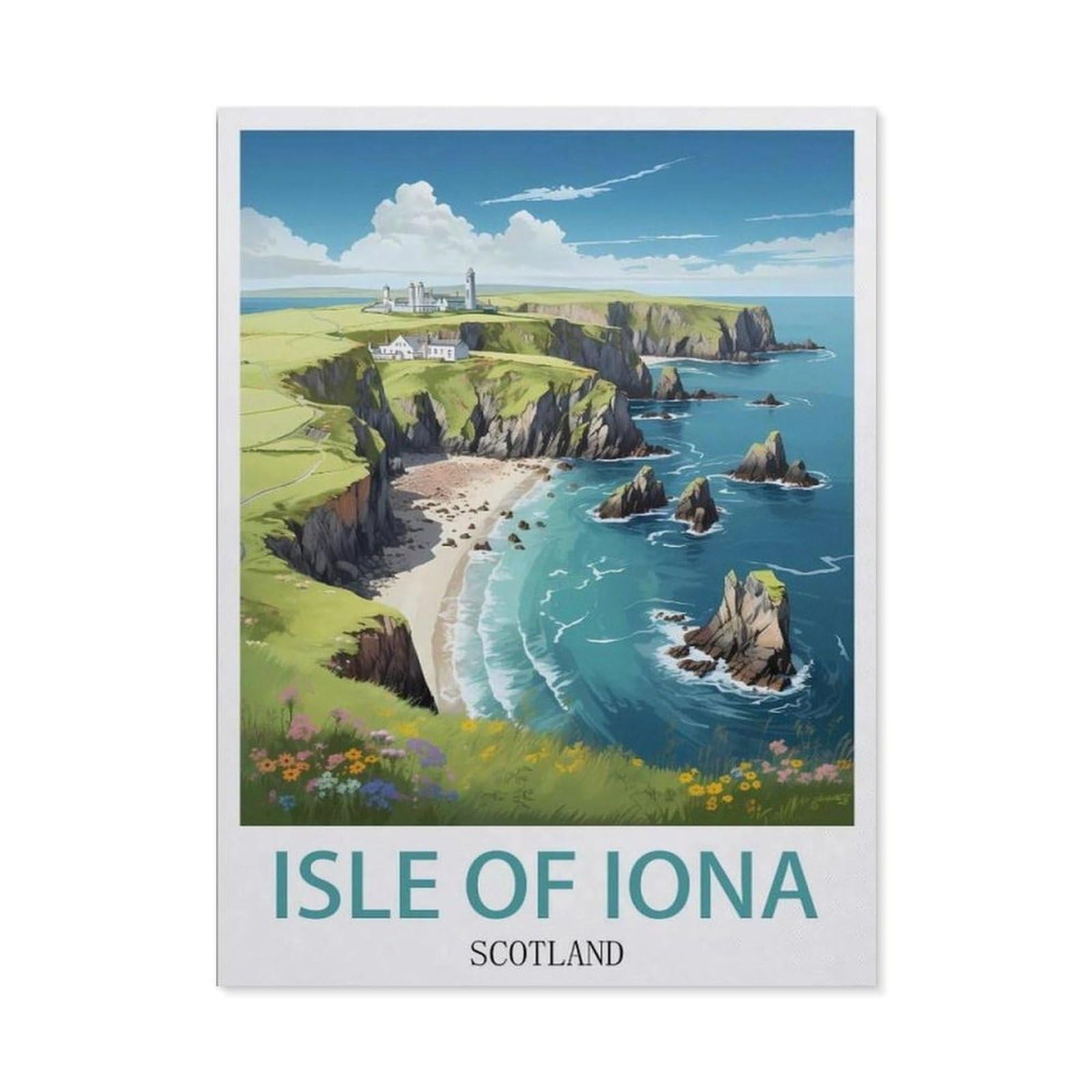 Beayodkp （40 X 50 Cm/15.74 X 19.68 Inches） Diy 5D Diamond Painting，Isle Of Iona Scotland Vintage Travel Posters，Round Diamond, Used For Room Decoration-Cf27