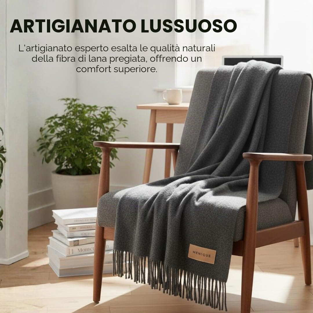 Menique Coperta MILANO 100% Lana 125x180 cm Grigio Scuro - Plaid Extra Fine Spessa per Autunno