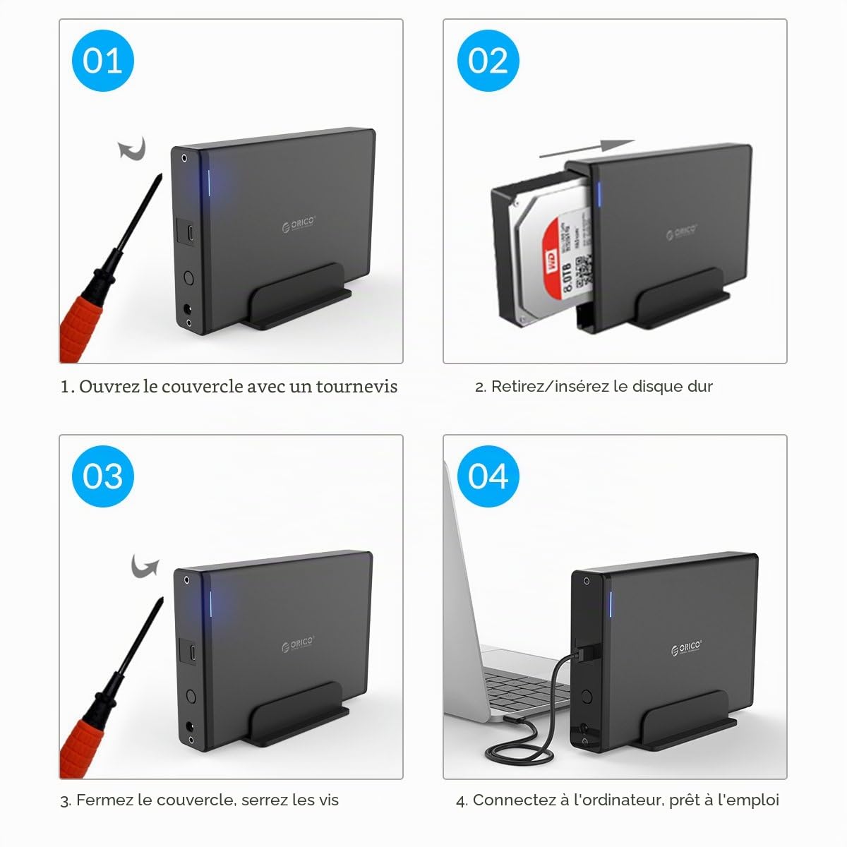 ORICO Boitier Disque Dur Externe 3,5 '' avec Boîtier Amovible, Adaptateur USB 3.1 Type-C vers SATA 3.0 pour Disque Dur SATA 3,5 Pouces avec Alimentation 12V 2A (20 to Max, 7688C3)