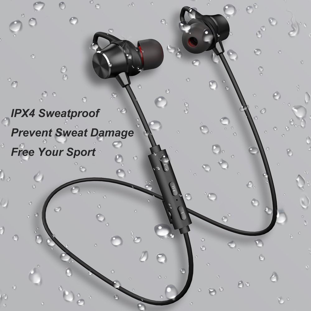 Image showing the myfree GRDE V4.1 Bluetooth Headset with water droplets, indicating its IPX4 sweatproof rating and ability to prevent sweat damage.