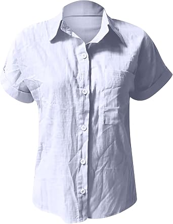 Ceboyel Women Cotton Linen Summer Shirts Collared Button Down Blouses Gauze Short Sleeve Tops Causal Ladies Outfits 2023