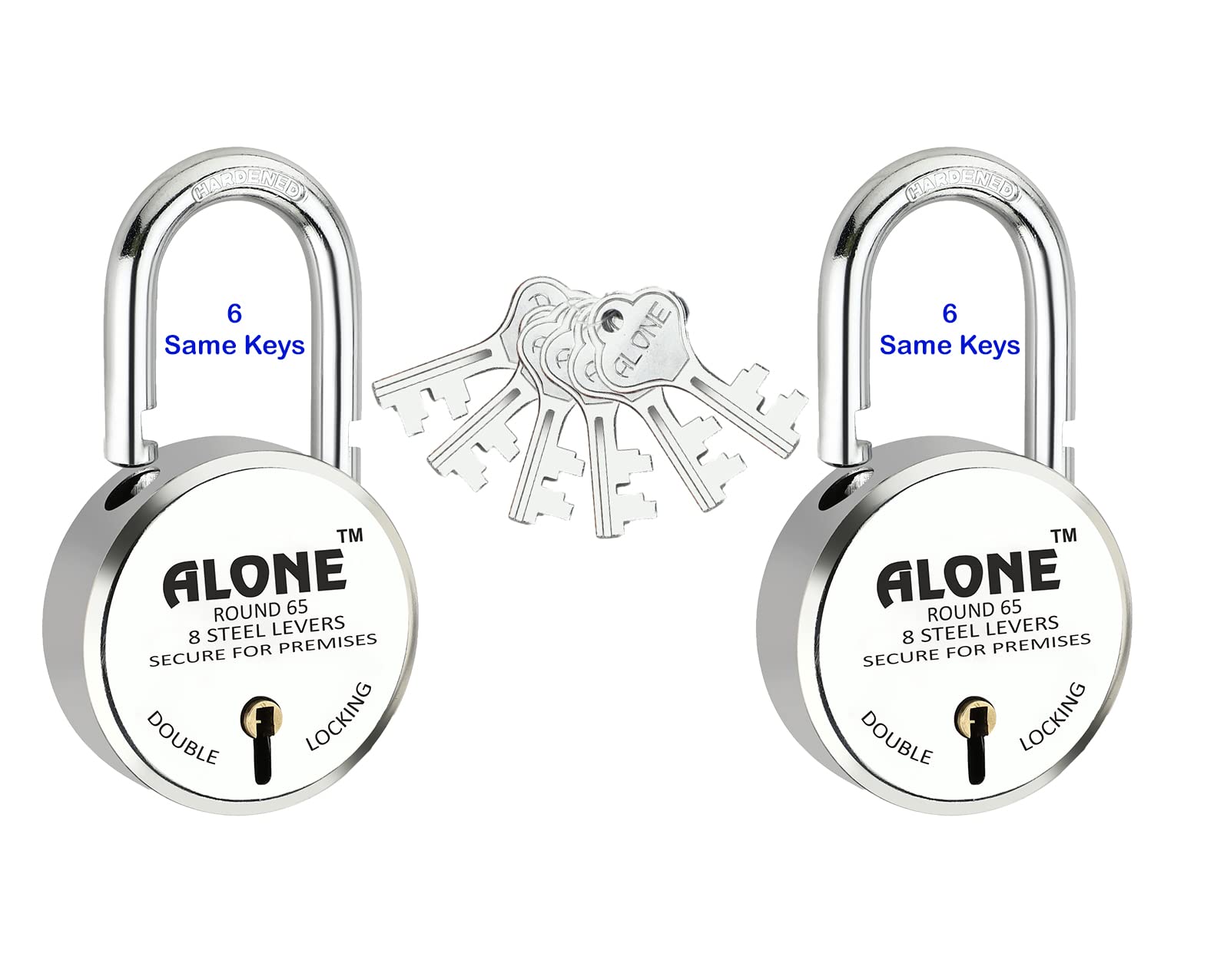 Alone Padlock 65mm 2 Padlocks 6 Common Keys Hard Shackle Double Locking | Locks for Home Door Main Gate Shop Shutter, Chrome Finish Rust Proof. (Pack of 2)-image-36