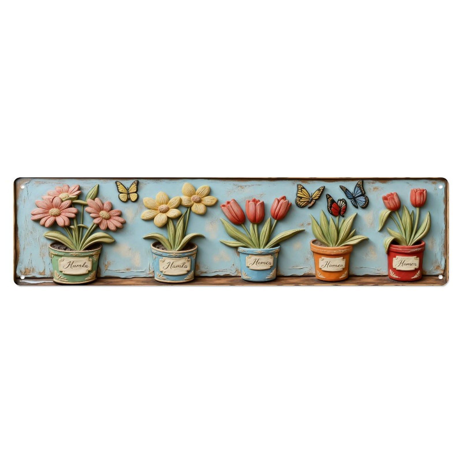 Flower Pots With Labels And Butterflies Metal Tin Sign Plaque