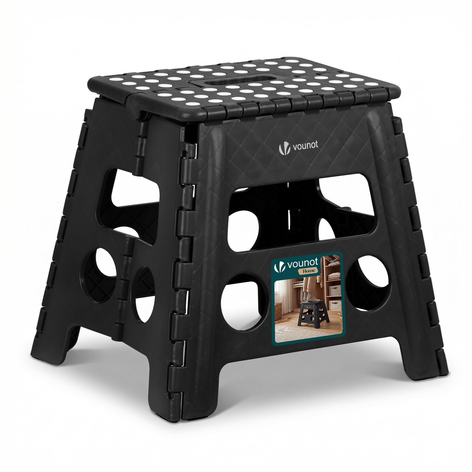 VOUNOT® Folding Step Stool, Portable Stepping Stool with Carrying Handle, Anti-Slip Folding Stool for Bathroom, Garden, Camping, Home, 37 x 30 x 32.5 cm, Black
