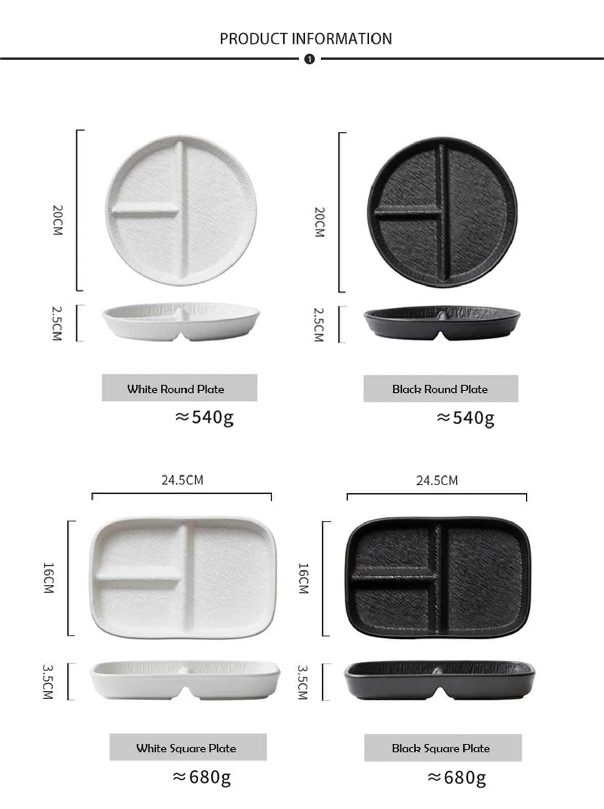 Czarno-białe matowe ceramiczne naczynia stołowe 3 sekcje płytkie talerze płyta kontrolna porcji rozdzielacze talerzy do serwowania dla zdrowego odżywiania-1 szt. (Color : Black, Size : Square)