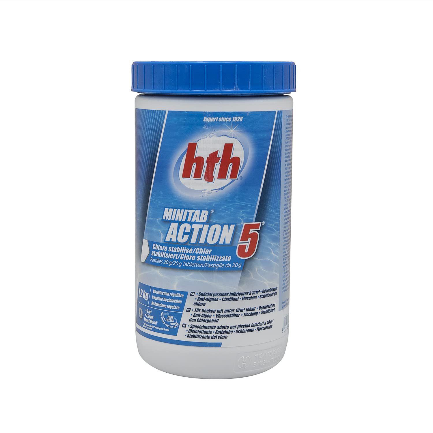 HTH MINITAB Action 5 Pastilles 20g - 1,2kg | Chlore Lent Stabilisé Multiaction - Désinfection Régulière Multifonction - Dissolution Lente + 10 Tests HPS OFFERTS 6 en 1