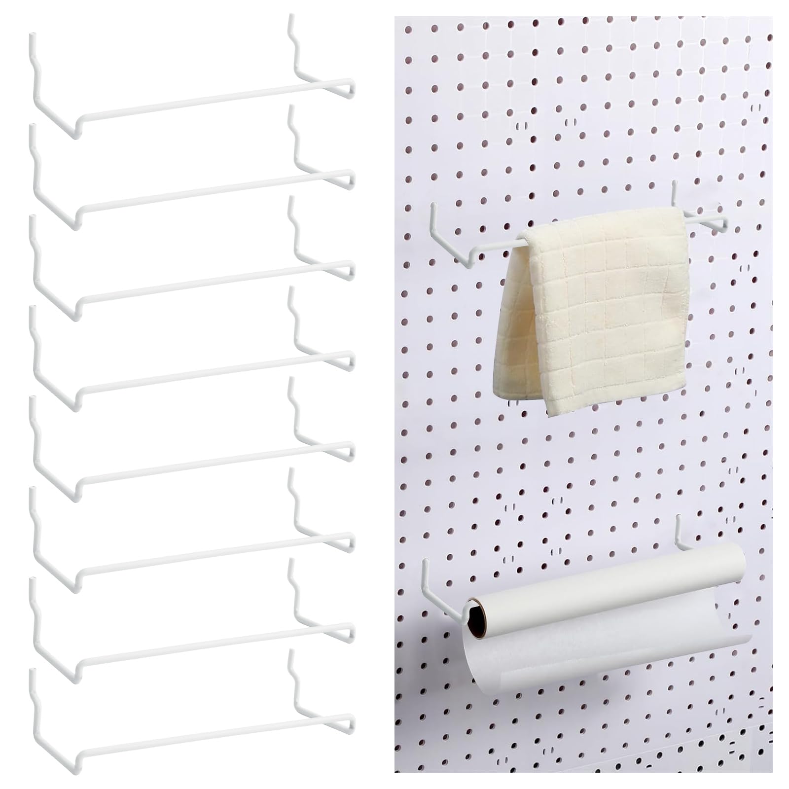 MOROBOR 8 Pcs Medium Paper Towel Holder Accessories, Pegboard Paper Towel Holder Pegboard Accessories for Craft Room, Laundry Room, Bathroom, Pegboard Extendable Peg Board Organizer (White)