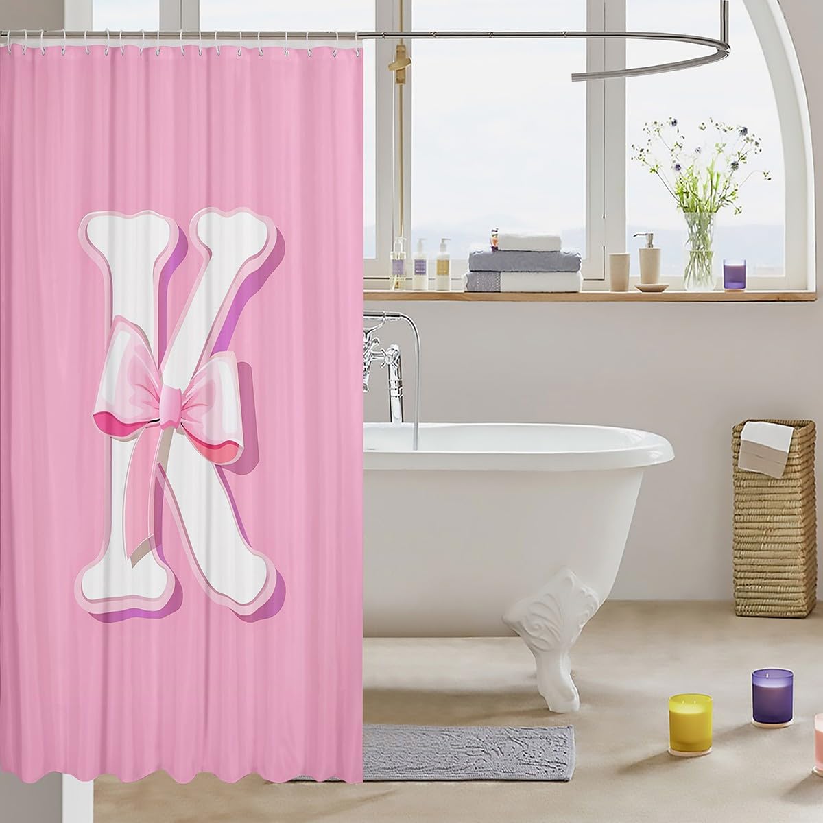 jejeloiu Pink Bowknot Bath Curtain,72"x78",Decor Gifts for Women Teen Girl Waterproof Initial Letter K Shower Curtain,Girly Romantic Bathroom Shower Curtain Set,Kids Bathroom Accessories
