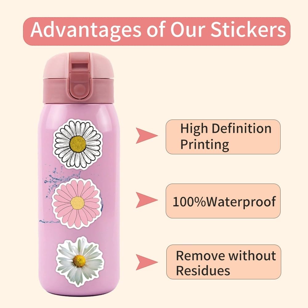 100 Pcs Cute Daisy Stickers for Water Bottle Waterproof Sticker for Laptop Skateboard Phone Car Decals for Teens Adults for Party Favors Supplies Decor (Flower Stickers) - Image 3